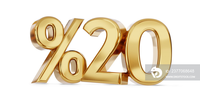 percentage 20 in golden bold letters % 3d-illustration