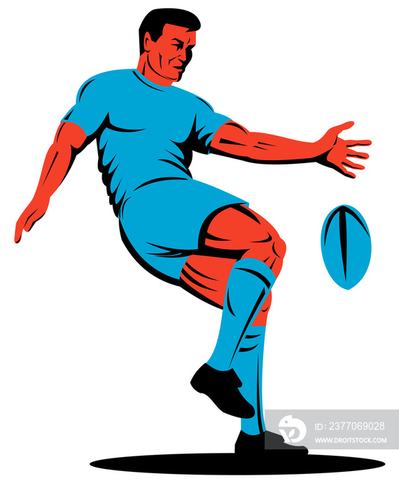 illustration of a rugby player kicking the ball on isolated background done in retro woodcut style