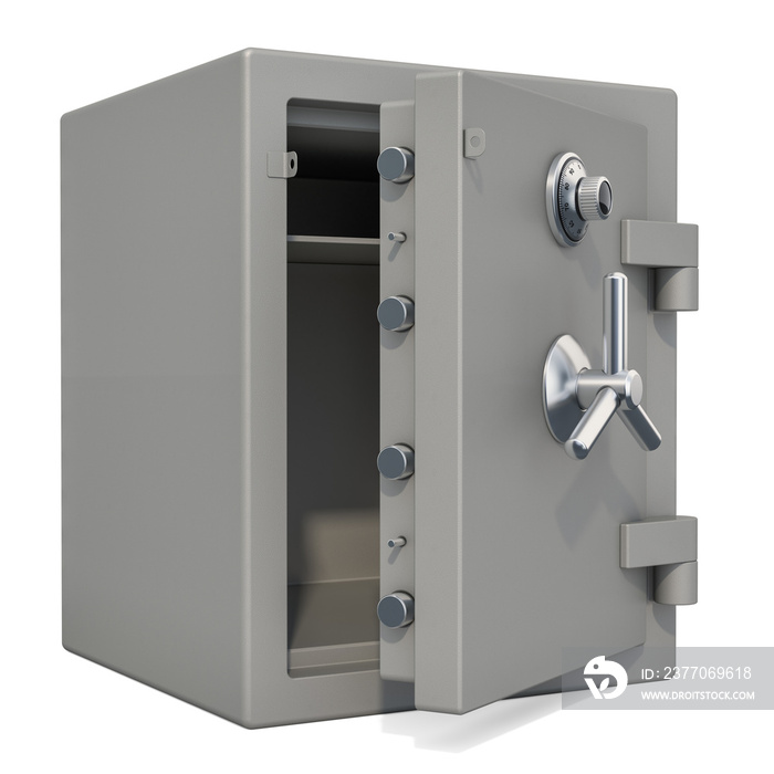 Opened safe box with combination lock closeup, 3D rendering