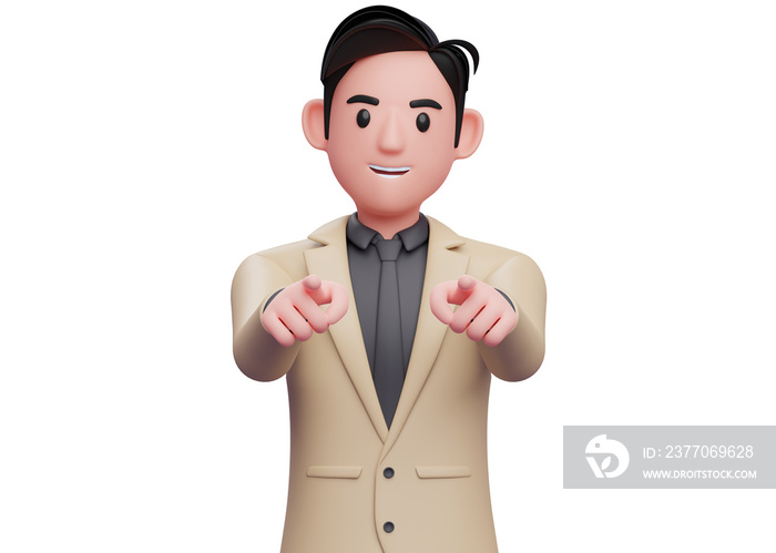 businessman wear brown suit pointing to the camera with both hand, 3d illustration of a businessman pointing camera with both index finger