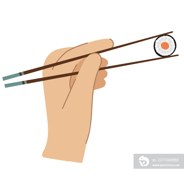 Hand holding a chopsticks with sushi roll.