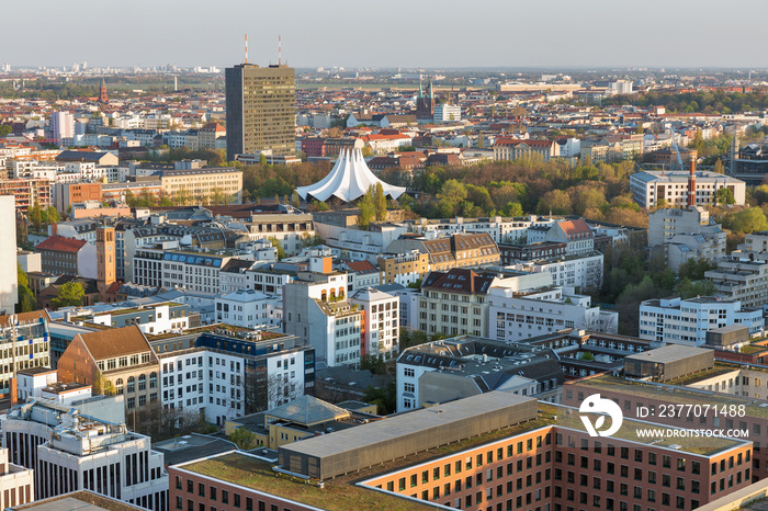 Berlin evening aerial cityscape, Germany.