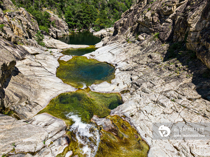 Aerial view of wild natural pools, Chassezac river, in lozere, France