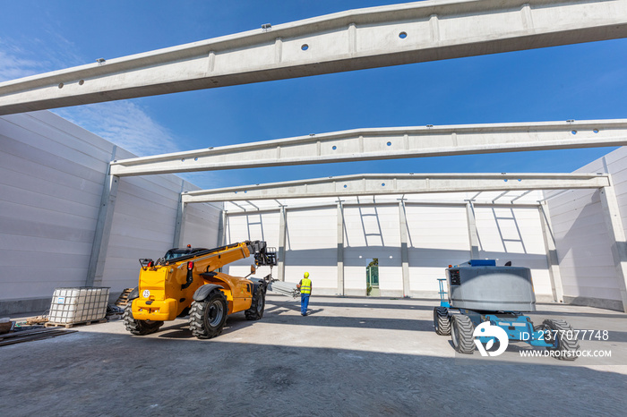 Warehouse construction site. Building a new industrial hall