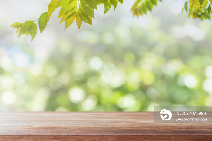 Empty wood table top and blurred view from green tree garden bokeh background - can used for display or montage your products.