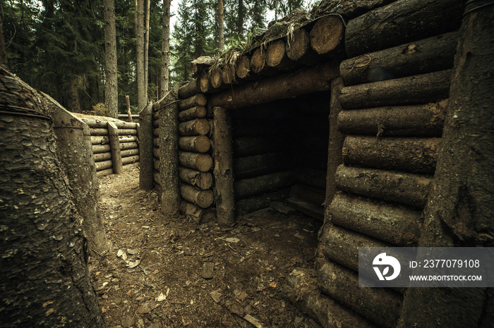 Military, wooden dugout of trees in the forest. Finnish World War II defense line on the Karelian Isthmus