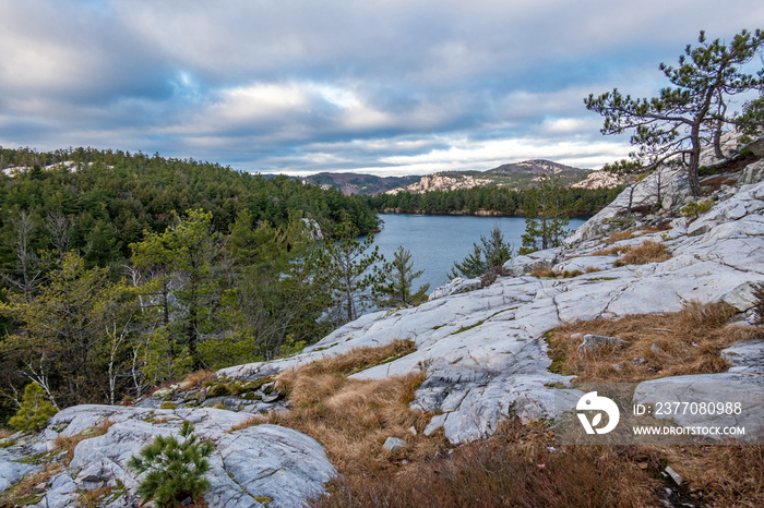 Looking out from the LaCloche backpacking trail in Killarney Provincial Park .  Shot in late November, Ontario Canada.