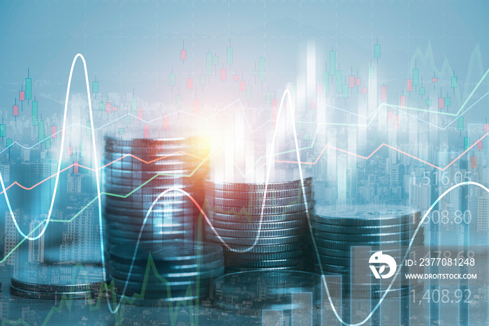 Coins stacking and technical chart graph for stock market investment and financial concept.