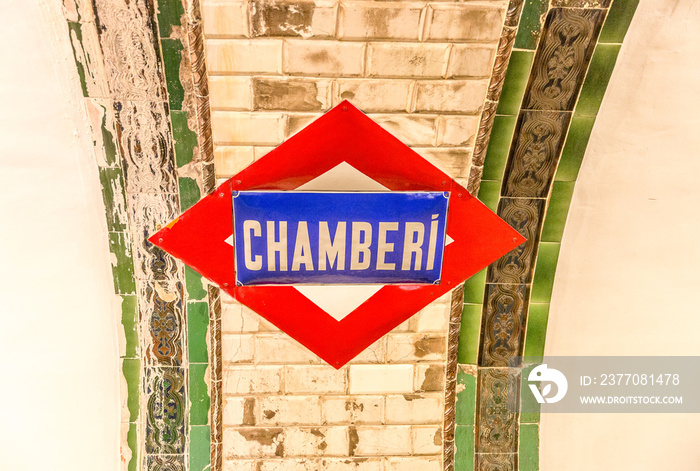 Subway station sign indicating the old Chamberi stop in the city of Madrid