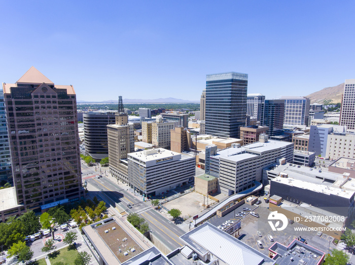 Aerial view of Salt Lake City downtown in Salt Lake City, Utah, USA.