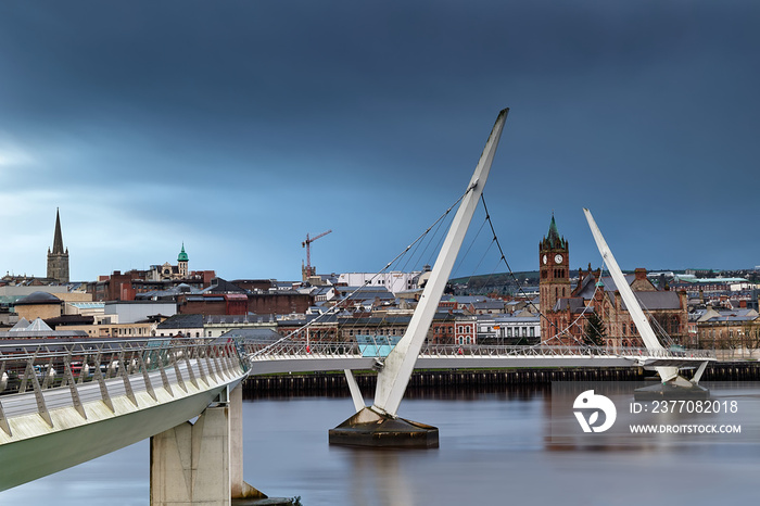 suspension bridge over the river Foyle of Londonderry, Peace Bridge, Northern Ireland, UK