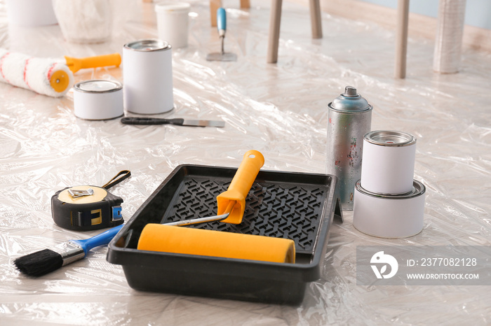 Paints with tray and supplies on floor in room