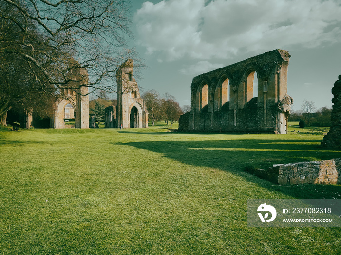 Glastonbury Town, old castle ruins, and Glastonbury Tor. English County in Somerset.