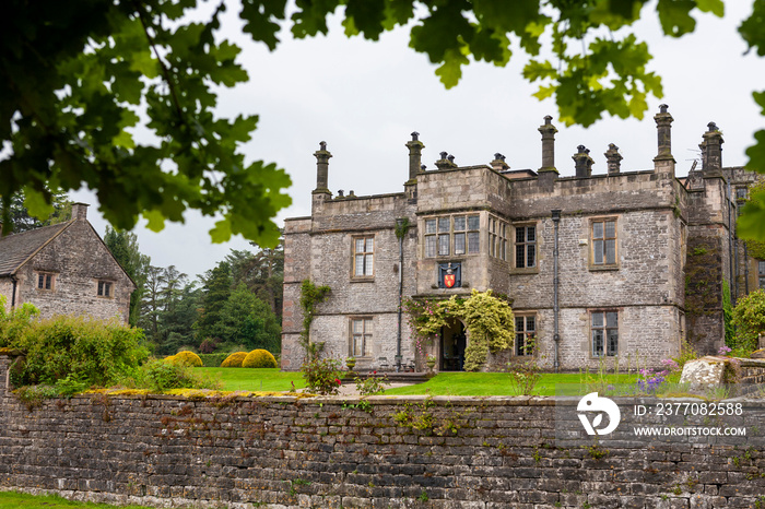 Tissington Hall, an early 17th-century Jacobean mansion house in Tissington, near Ashbourne, Derbyshire, UK.