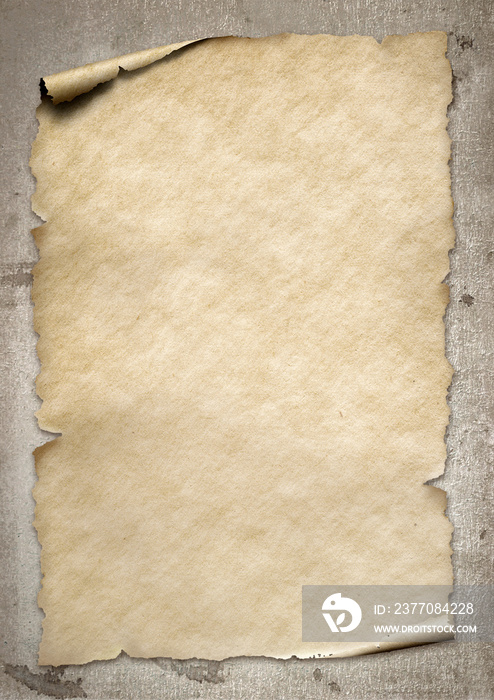 Old vintage beige paper with corner roll up on grungy brown textured background