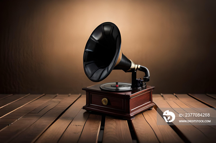 antique gramophone on a wooden table