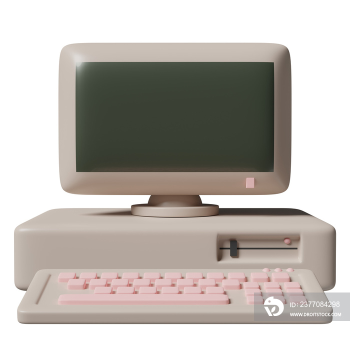 Old desktop computer monitor with blank screen, keyboard isolated. concept 3d illustration or 3d render