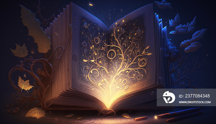 Open magic book with golden glow on dark background