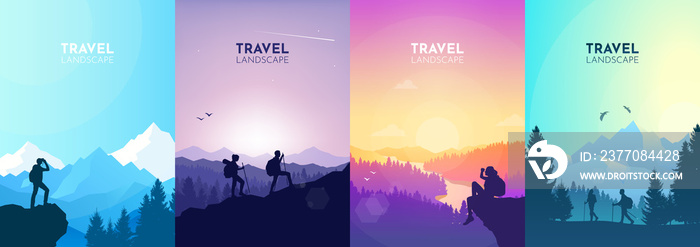 A man watches nature, climbing to the top, friends going hike, teamwork, support of friends. Landscapes set. Travel concept of discovering, exploring, observing nature. Hiking. Adventure tourism.