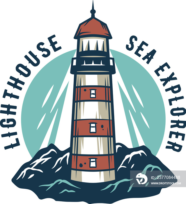 Marine lighthouse, seagull and mountain. Nautical wanderlust and adventure beacon illustration