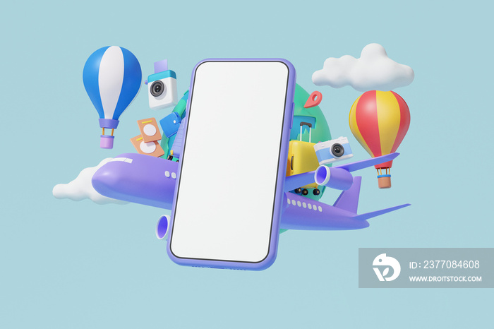 3D Minimal cartoon. travel online booking service on smartphone.Tourism airplane trip planning world tour with suitcase. Leisure touring holiday summer concept. 3d render illustration