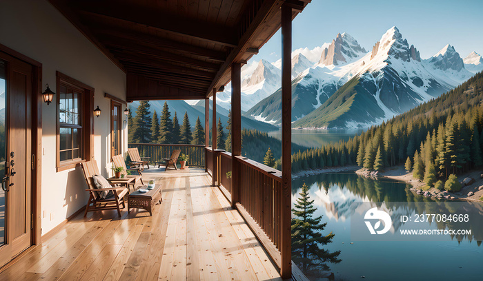 Photo of a serene mountain lake viewed from a rustic balcony