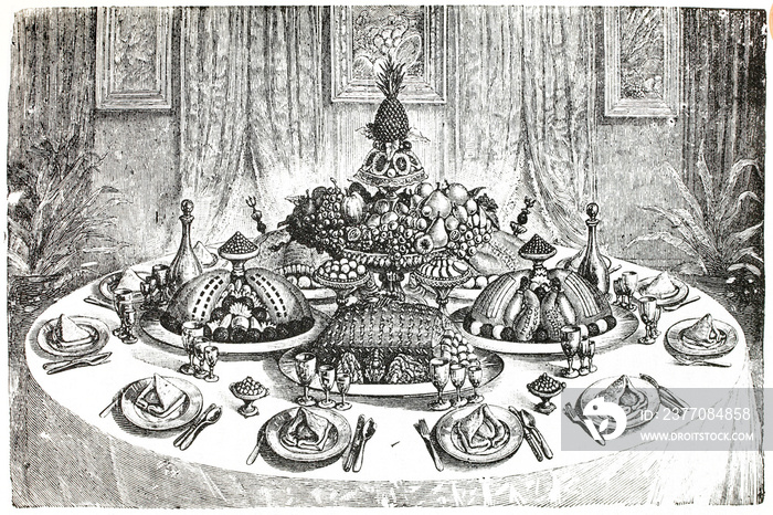 French presentation in a table. Antique illustration. Book, 1892.