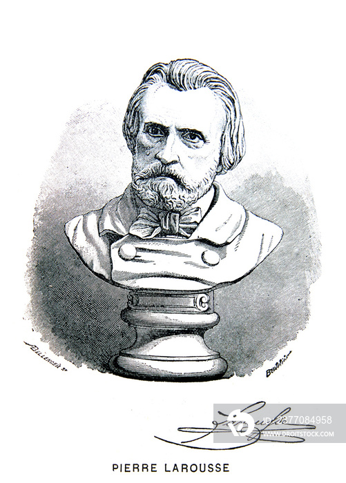 An engraved illustration of portrait of Pierre Larousse  from a vintage book Dictionnaire Complet by P. Larousse, of 1902, Paris