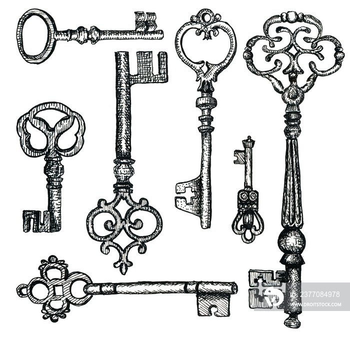 Hand drawn vintage key set. Ink sketch key collection