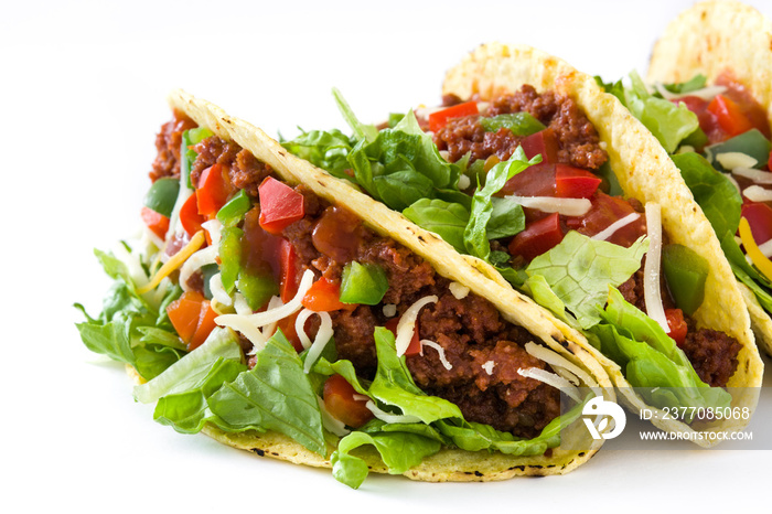 Traditional Mexican tacos with meat and vegetables, isolated on white background