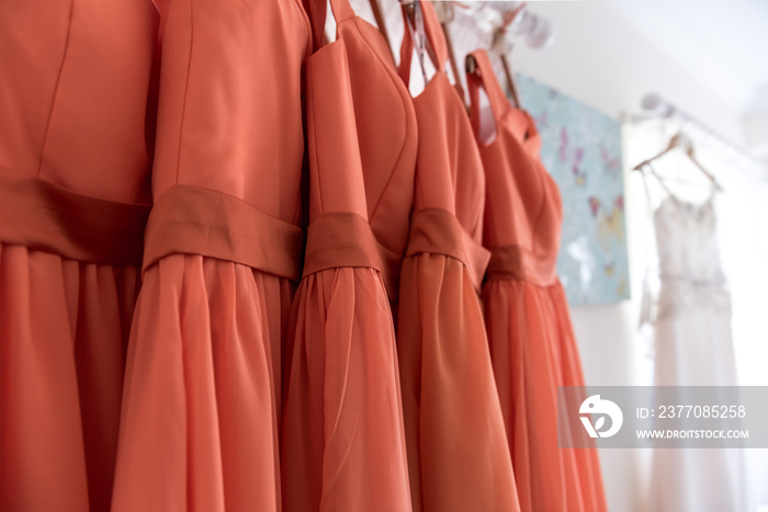 Bridesmaid dress hanging up before the wedding