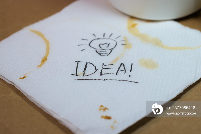 Hand written Big Idea on a coffee stained paper napkin