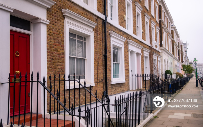 A street of typical British terraced houses