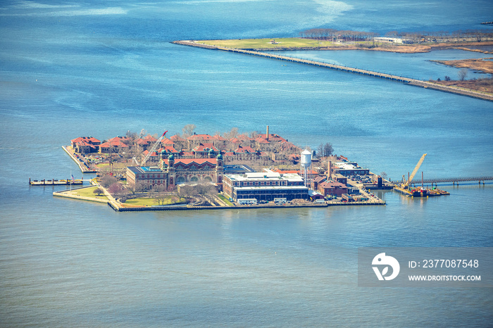 Ellis Island in New York City waterfront aerial view