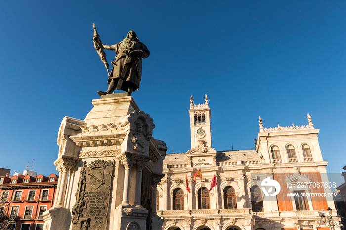 Valladolid, Spain. The monument to Count Pedro Ansurez in front of the Casa consistorial (City Hall)