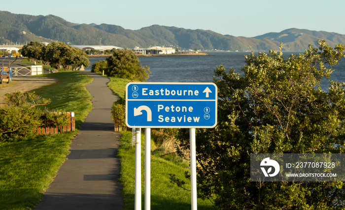 Sign on Lower Hutt walkway along waterside of Wellington Harbour