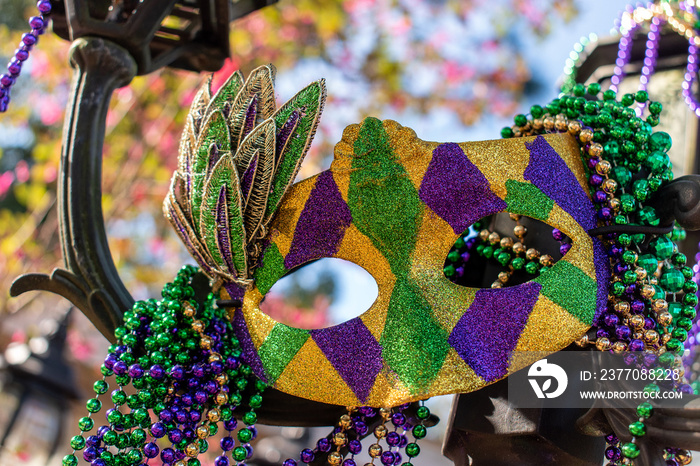 Outdoor Mardi Gras beads and mask on light post in sunshine