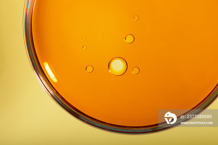 Top view of petri dish with cosmetic oil inside.Yellow background with copy space,macro photography.