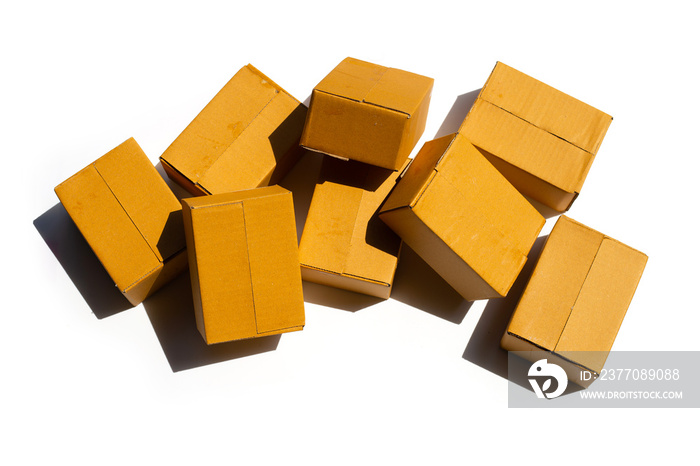 Brown cardboard boxes on white background.