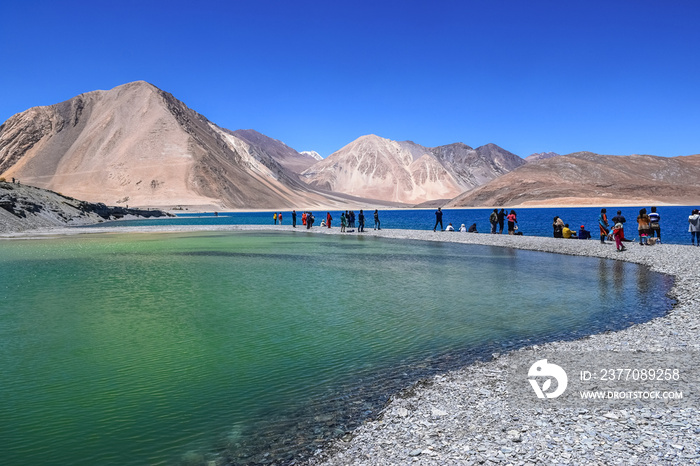 High altitude Pangong lake at Ladakh India with scenic landscape.