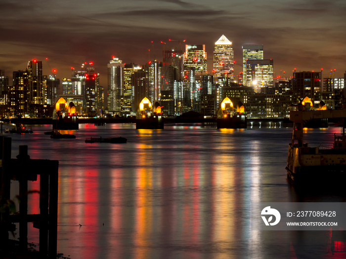 europe, UK, England, London, Canary Wharf from Woolwich dusk