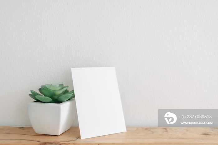 Empty postcard paper mockup with cactus pot on white wall.