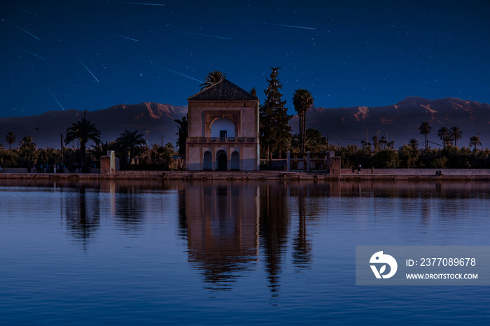 Perseid MEteor Shower at Menara gardens in Marrakech, Morocco, Africa