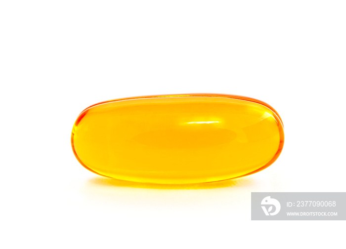 Fish oil capsules as a dietary supplement containing omega-3 and vitamin a is high for health care. Pill type softgel isolated on a white background.