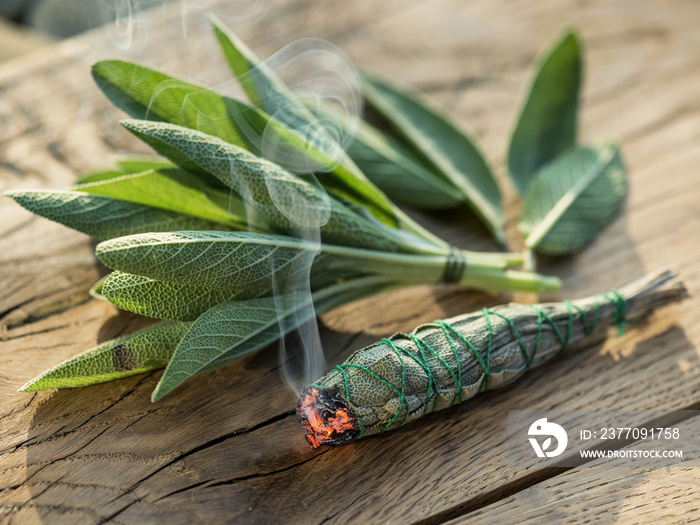 Burning sage stick and fresh sage leaves on the wooden background.