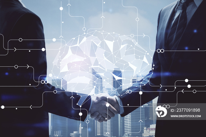 Double exposure of brain hologram and handshake of two men. Partnership in IT industry concept.