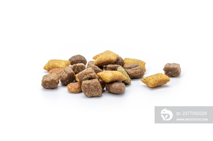 domestic animals dry food isolated on white background. dried cat feed cut out. above view