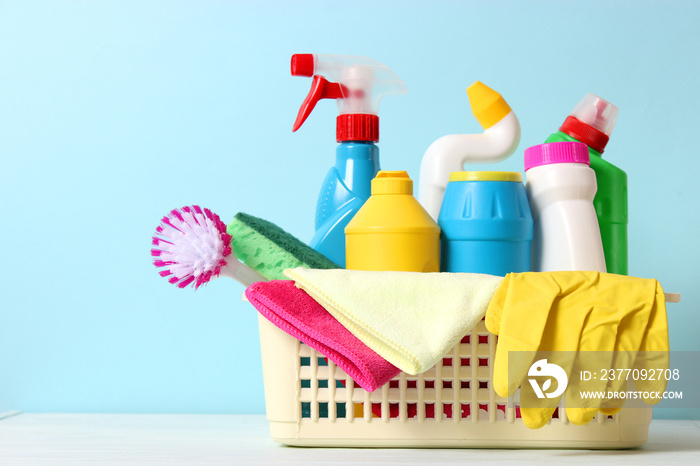 cleaning product on a colored background side view. Professional cleaning products, spring cleaning. Household chemicals