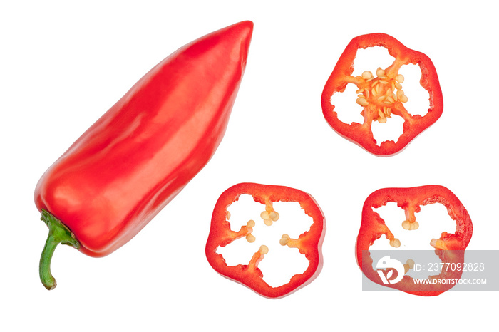 Slices of bell pepper isolated on white background, top view