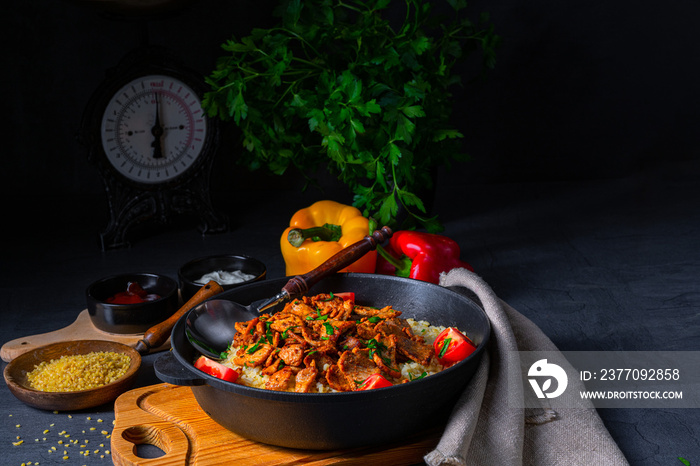 rustic bulgur pans with gratinated gyros and yoghurt